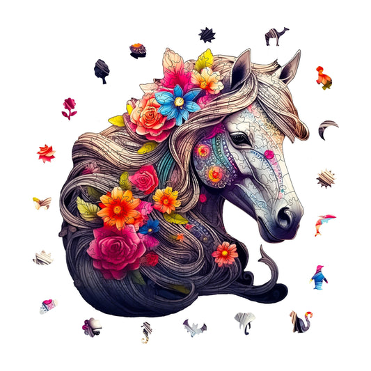 Yetişkinler İçin Ahşap Puzzle, Çiçek Yeleli At Figürü Premium Puzzle, 210 Parça Zorlu Ahşap Yapboz, 10,6"x11,4" (27x29 cm) Benzersiz Şekil, Yetişkinler İçin Ahşap Yapbozlar