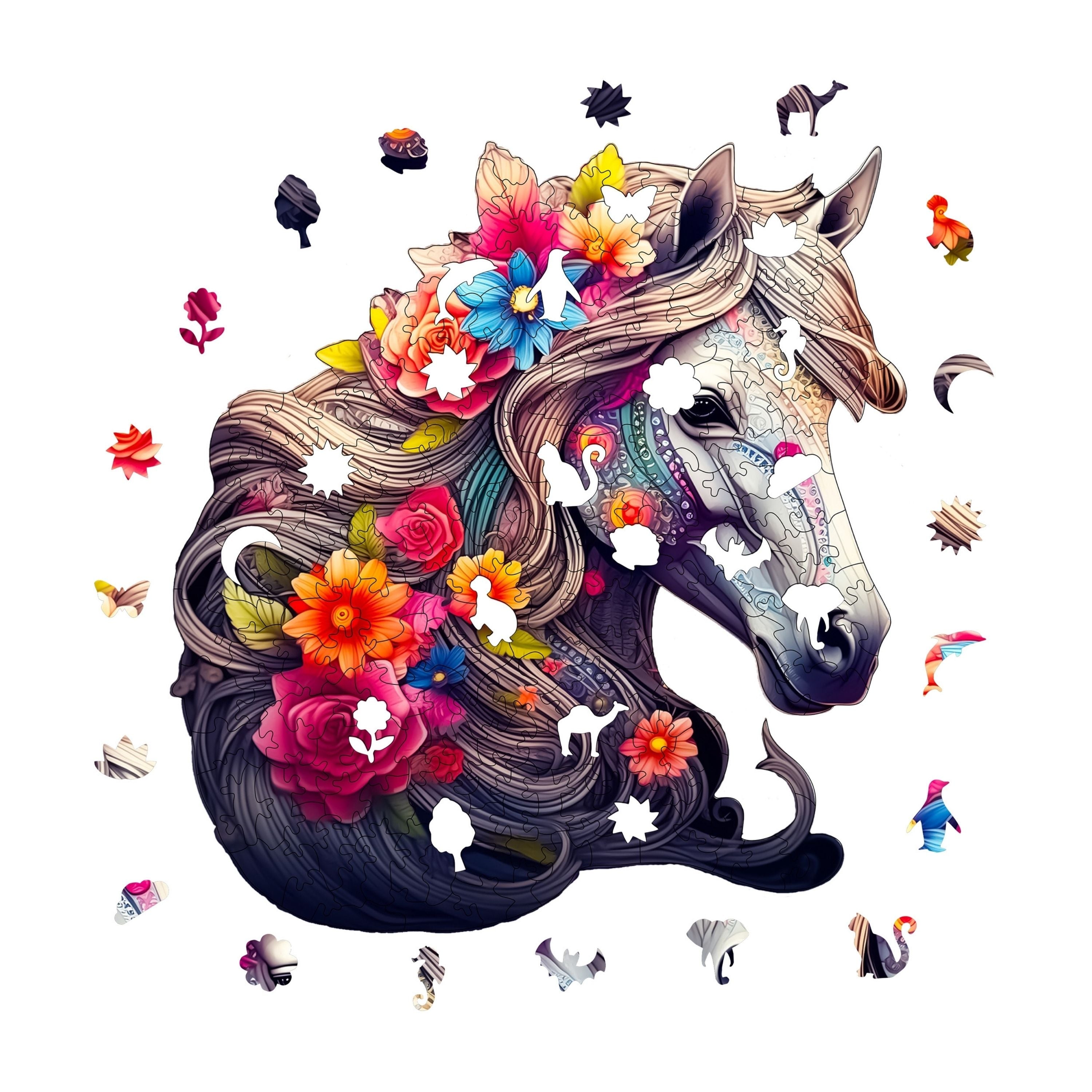  Çiçek Yeleli At Figürü - Ahşap Puzzle