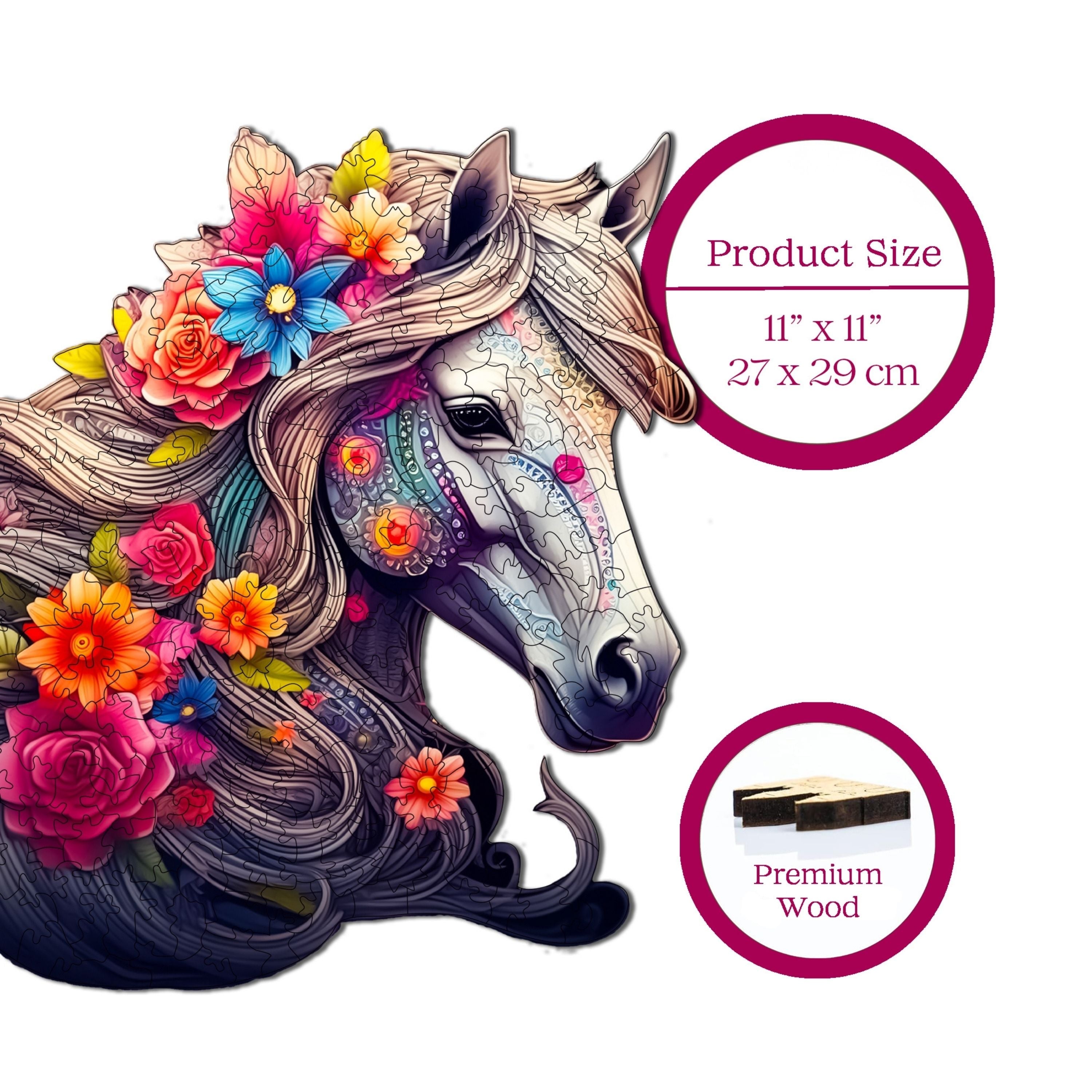  Çiçek Yeleli At Figürü - Ahşap Puzzle