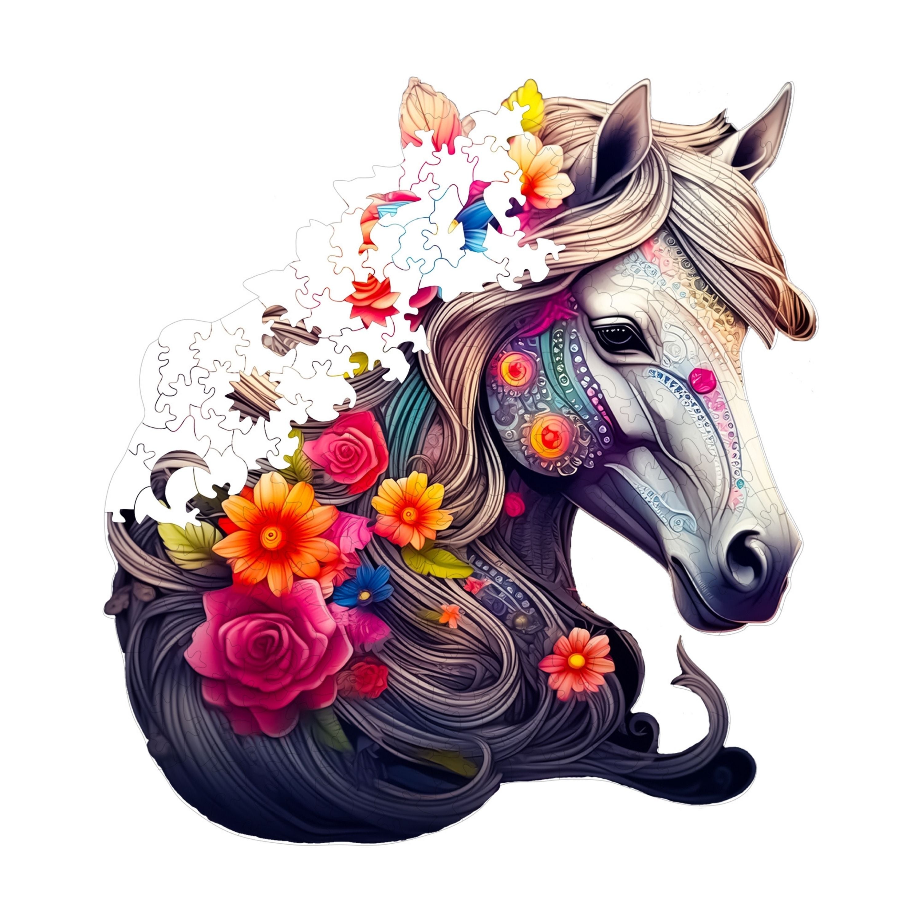  Çiçek Yeleli At Figürü - Ahşap Puzzle