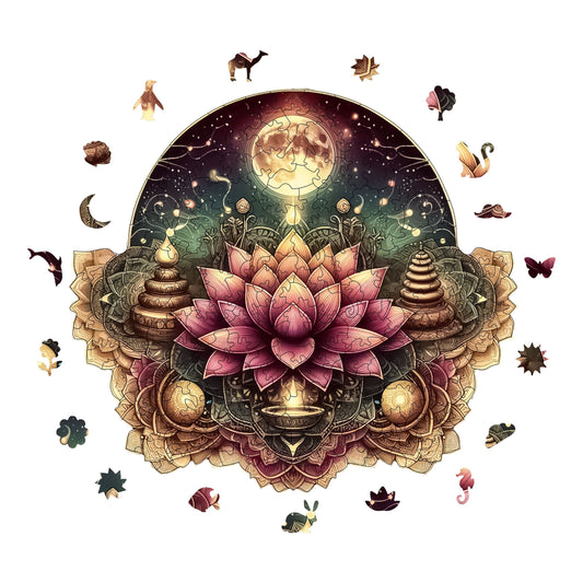 Yetişkinler İçin Ahşap Puzzle, Yıldızlı Lotus Mandala Premium Puzzle, 280 Parça Zorlu Ahşap Yapboz, 11,4"x10,2" (29x26 cm) Benzersiz Şekil, Yetişkinler İçin Ahşap Yapbozlar